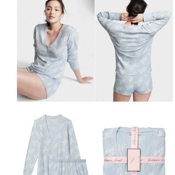 L VS Thermal Short PJ Set Blue w/ Victoria's Secret Script NWT Cute Adorable - Picture 8 of 9